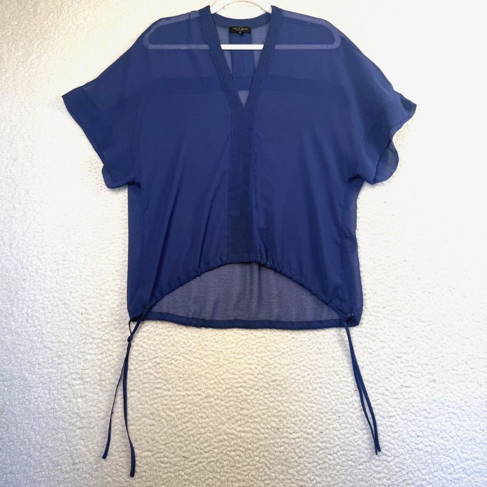 Rag & Bone Blouse Womens Small Blue Sheer Chiffon V Neck Tunic Drawstring Hem